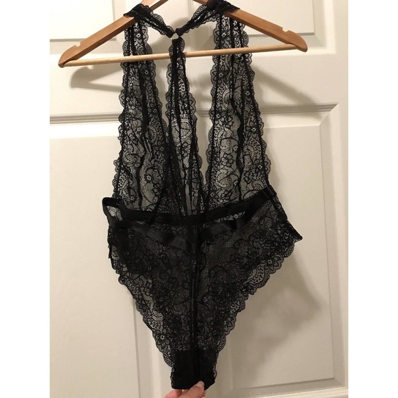 Plunging Lace Halter Teddy with Halter Back, Sexy Lingerie, Black, Size 1X-2X - Picture 13 of 15